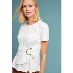 Anthropologie White Short Sleeve Dakota Wrap Top with Side Buckle T-Shirt